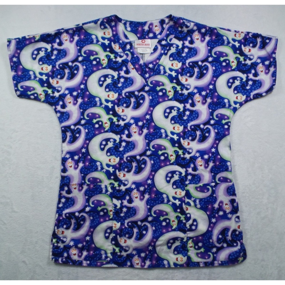 Vintage White Cross Scrub Top Womens Size Medium Blue Purple Halloween Ghost